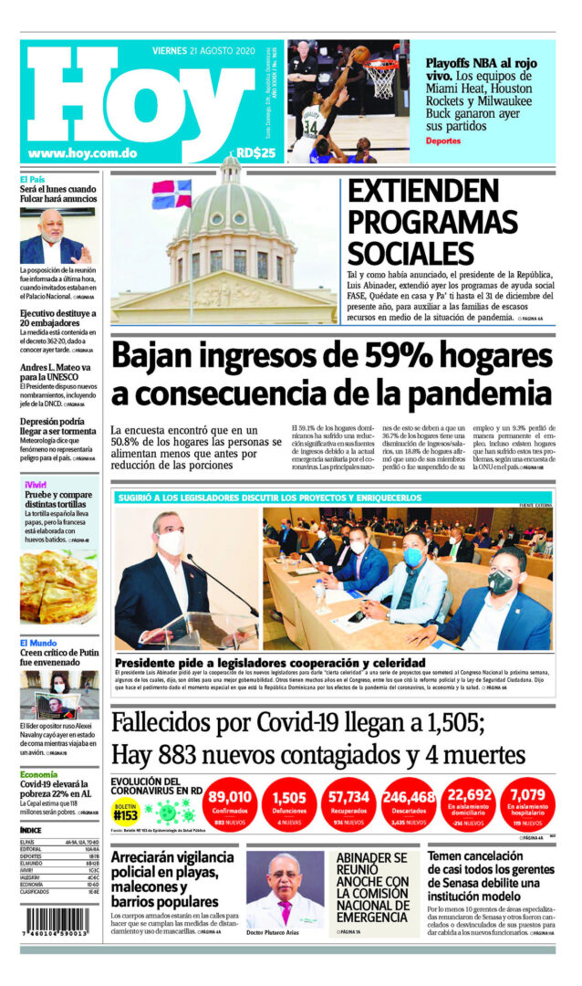 Portada Periódico Hoy, Viernes 21 de Agosto, 2020