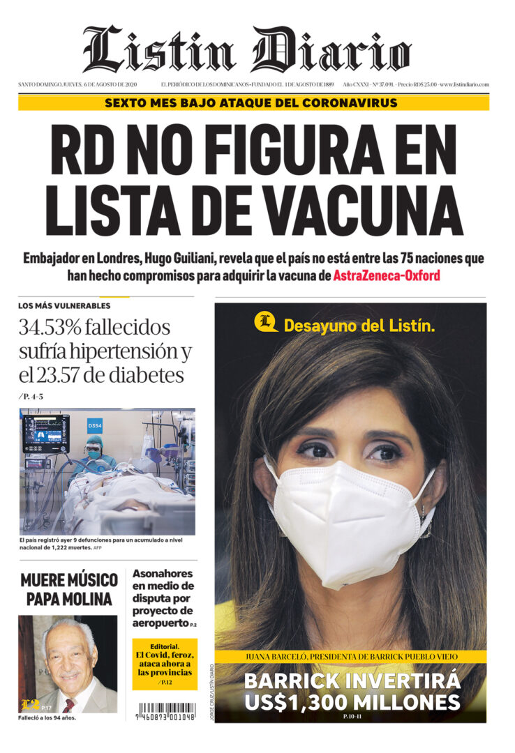 Portada Periódico Listín Diario, Jueves 06 de Agosto, 2020