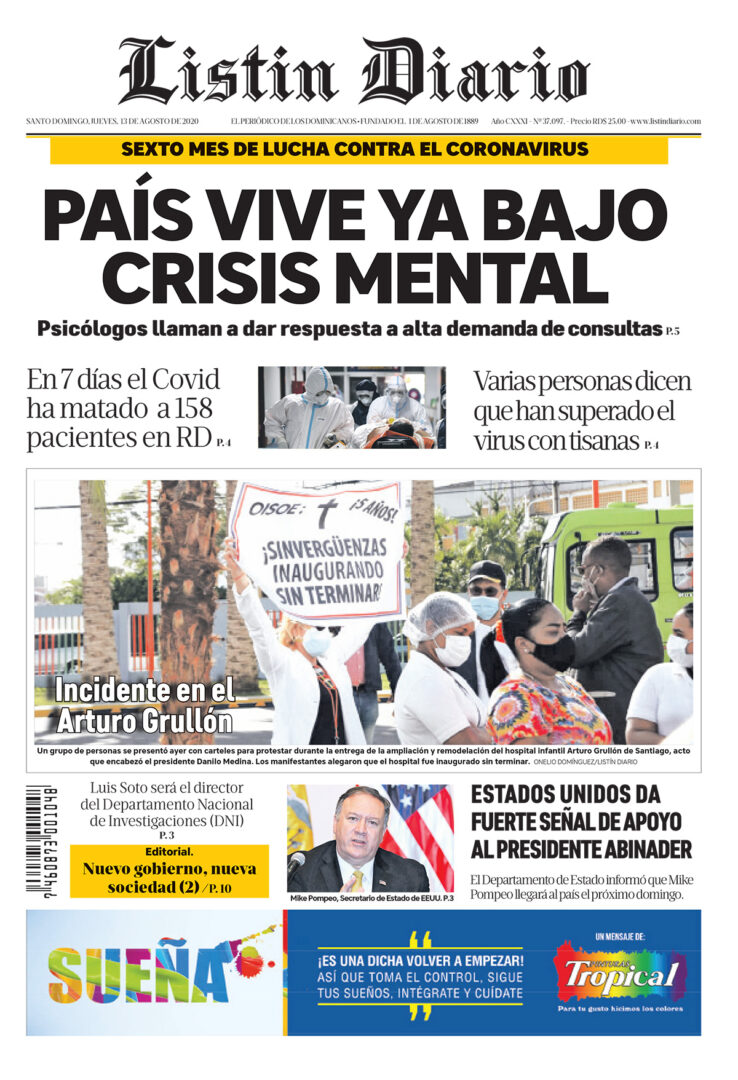 Portada Periódico Listín Diario, Jueves 13 de Agosto, 2020