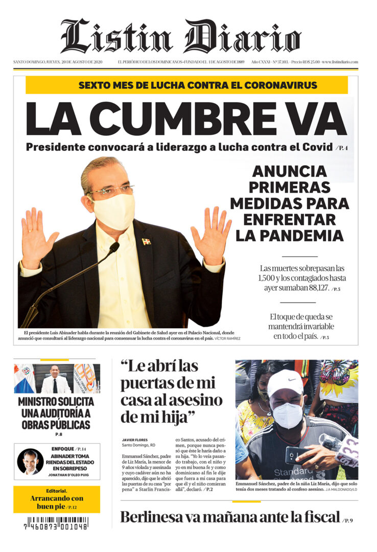 Portada Periódico Listín Diario, Jueves 20 de Agosto, 2020