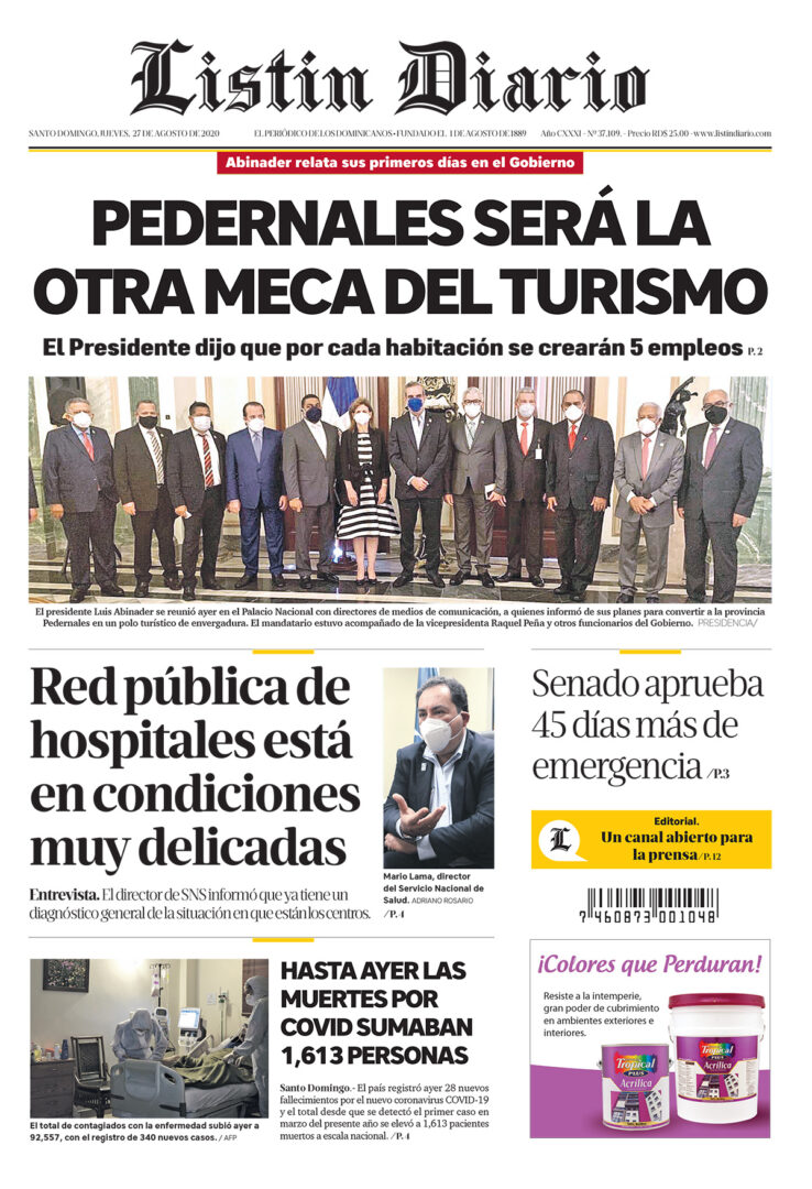 Portada Periódico Listín Diario, Jueves 27 de Agosto, 2020
