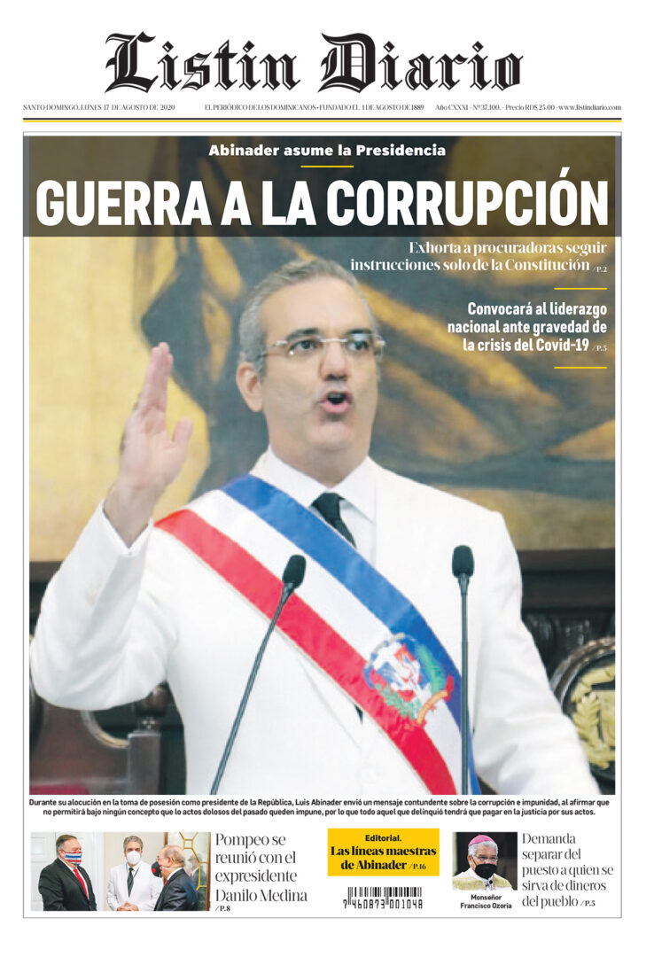 Portada Periódico Listín Diario, Lunes 17 de Agosto, 2020