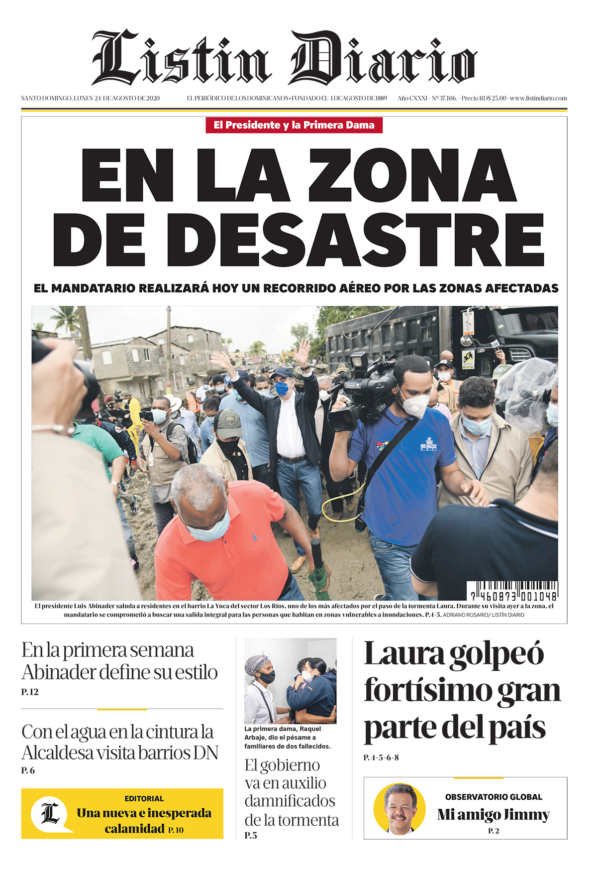 Portada Periódico Listín Diario, Lunes 24 de Agosto, 2020