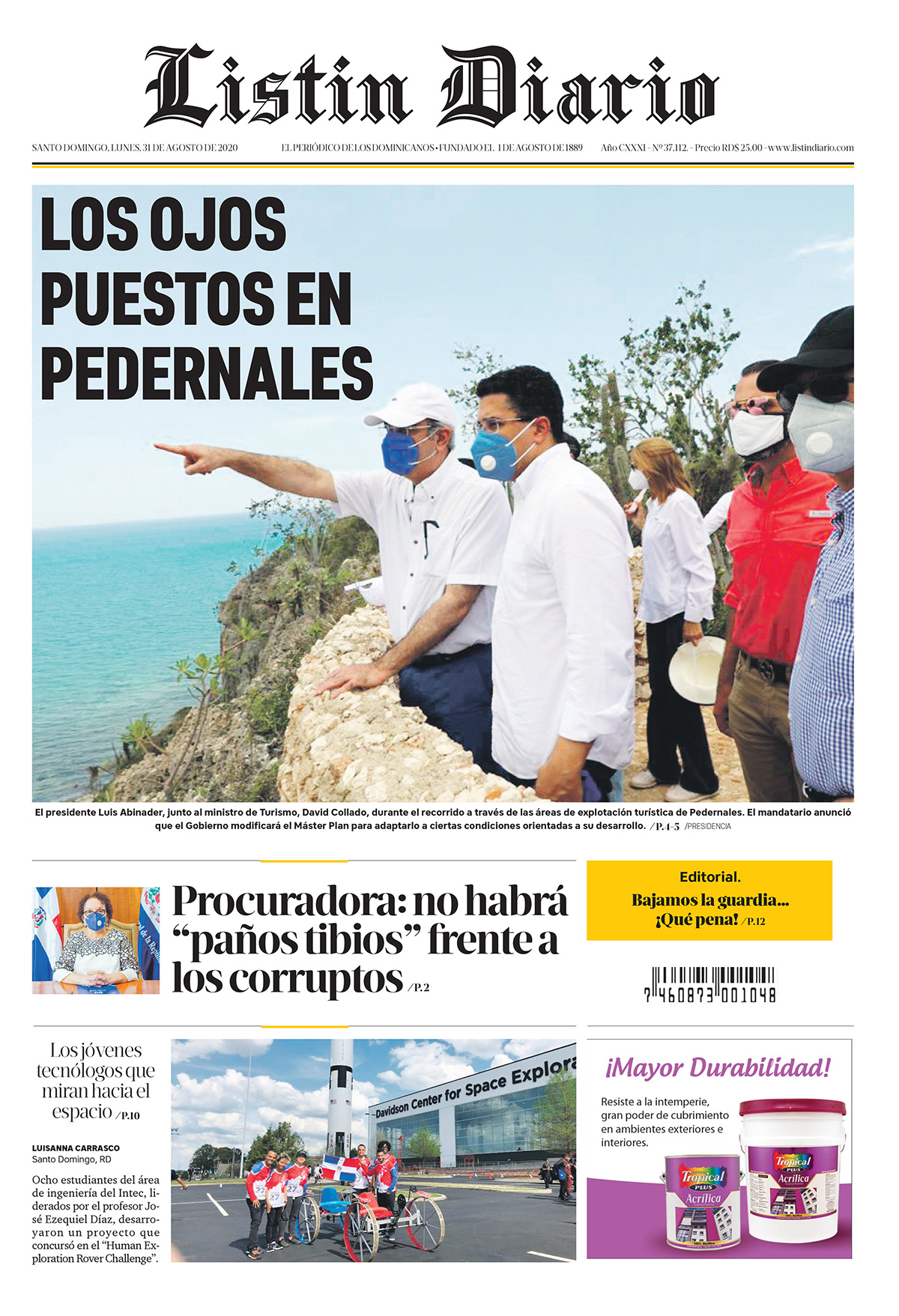 Portada Periódico Listín Diario, Lunes 31 de Agosto, 2020