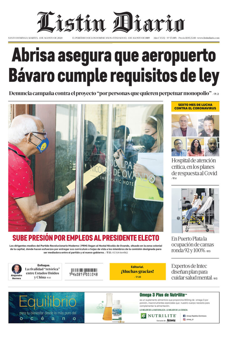 Portada Periódico Listín Diario, Martes 04 de Agosto, 2020