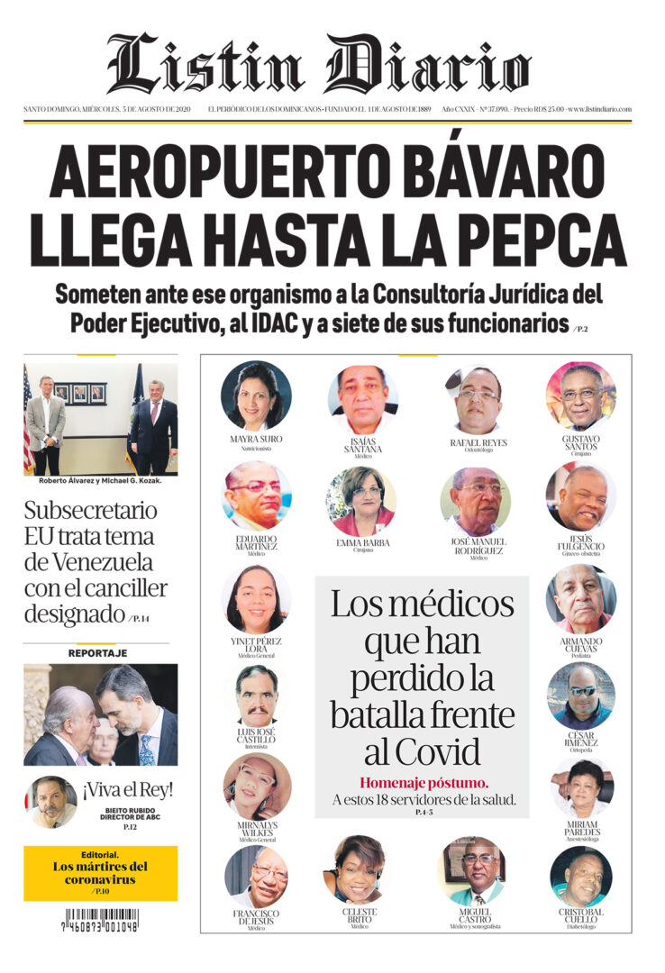 Portada Periódico Listín Diario, Martes 05 de Agosto, 2020