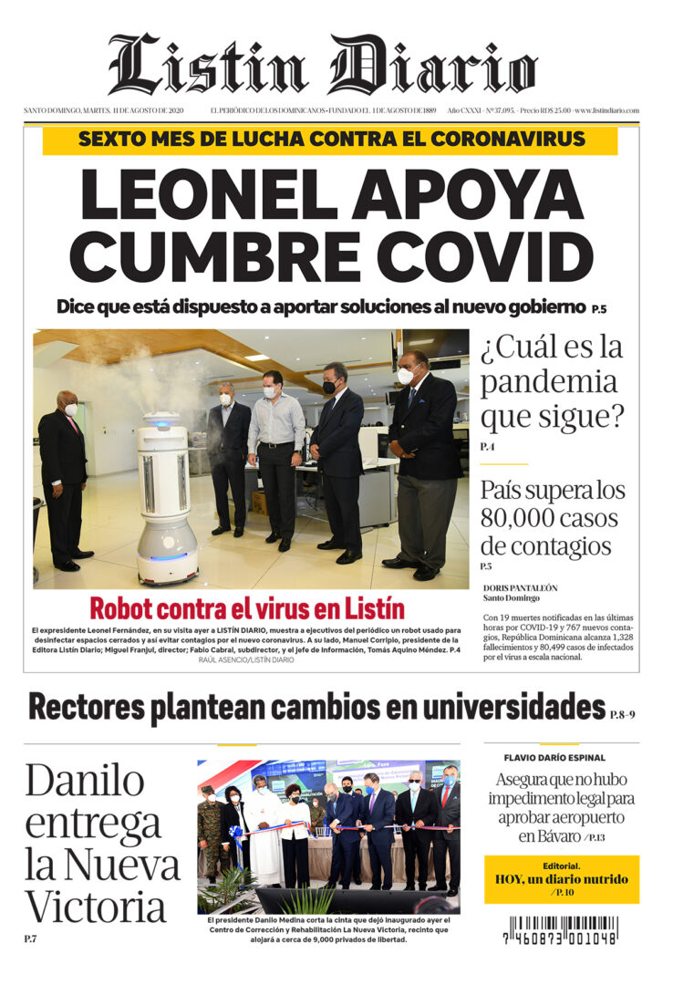 Portada Periódico Listín Diario, Martes 11 de Agosto, 2020