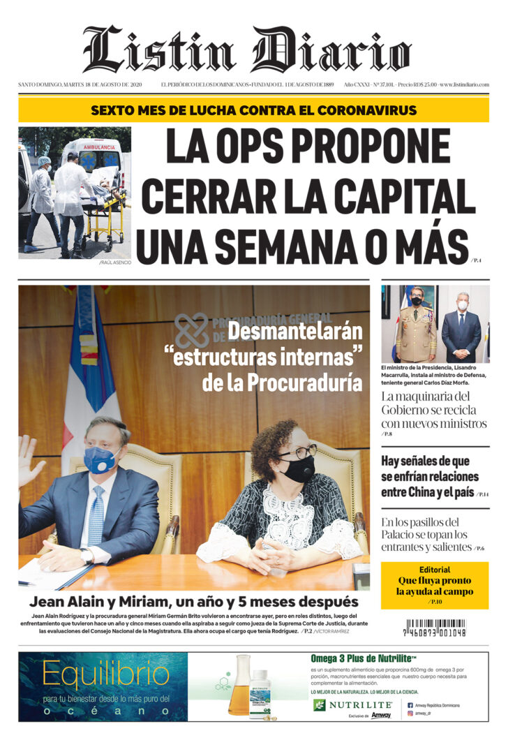 Portada Periódico Listín Diario, Martes 18 de Agosto, 2020