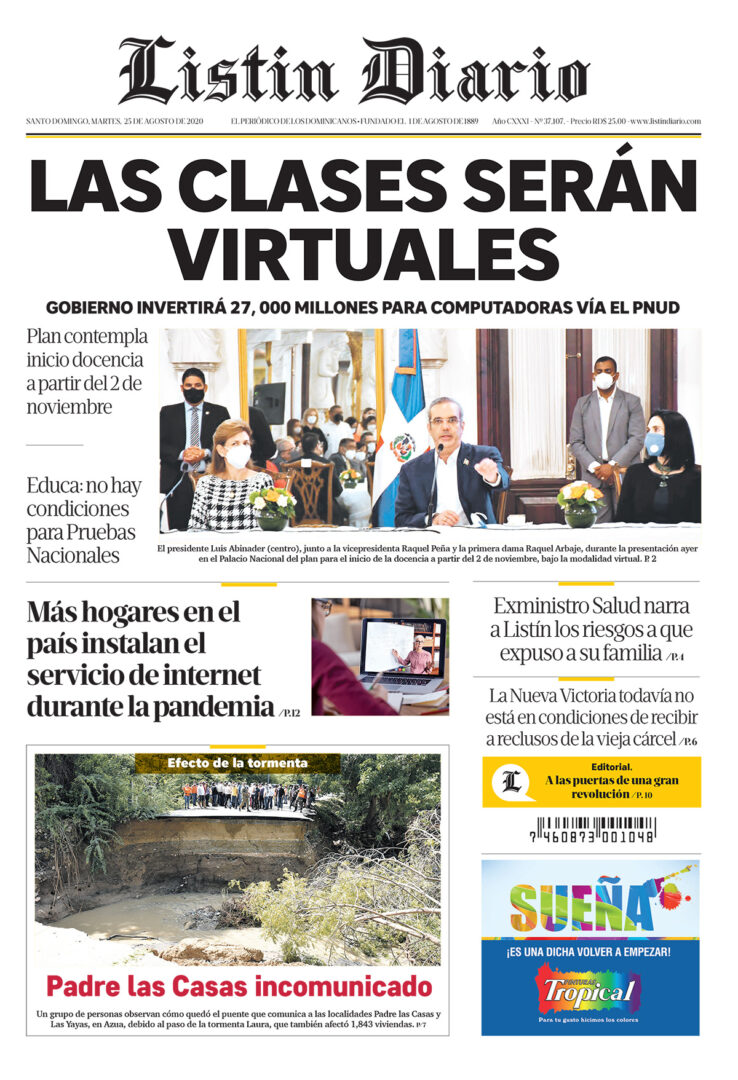 Portada Periódico Listín Diario, Martes 25 de Agosto, 2020