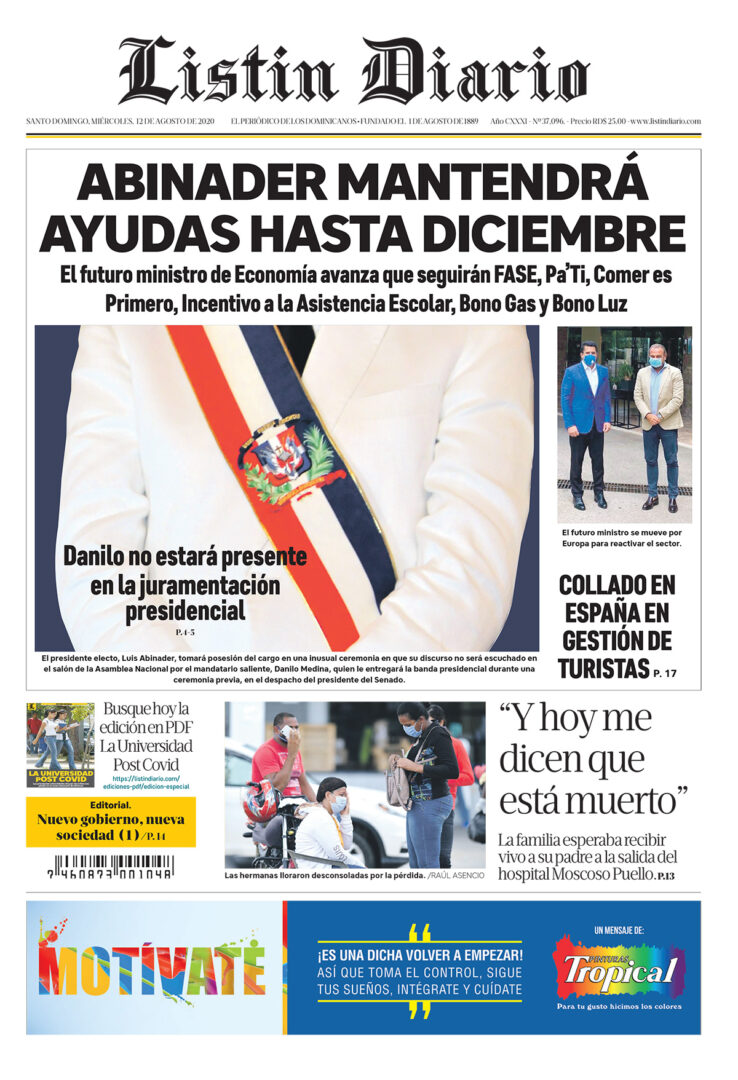 Portada Periódico Listín Diario, Miércoles 12 de Agosto, 2020