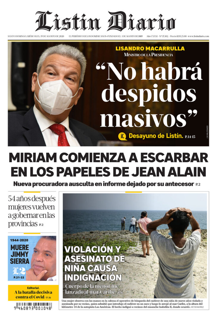 Portada Periódico Listín Diario, Miércoles 19 de Agosto, 2020