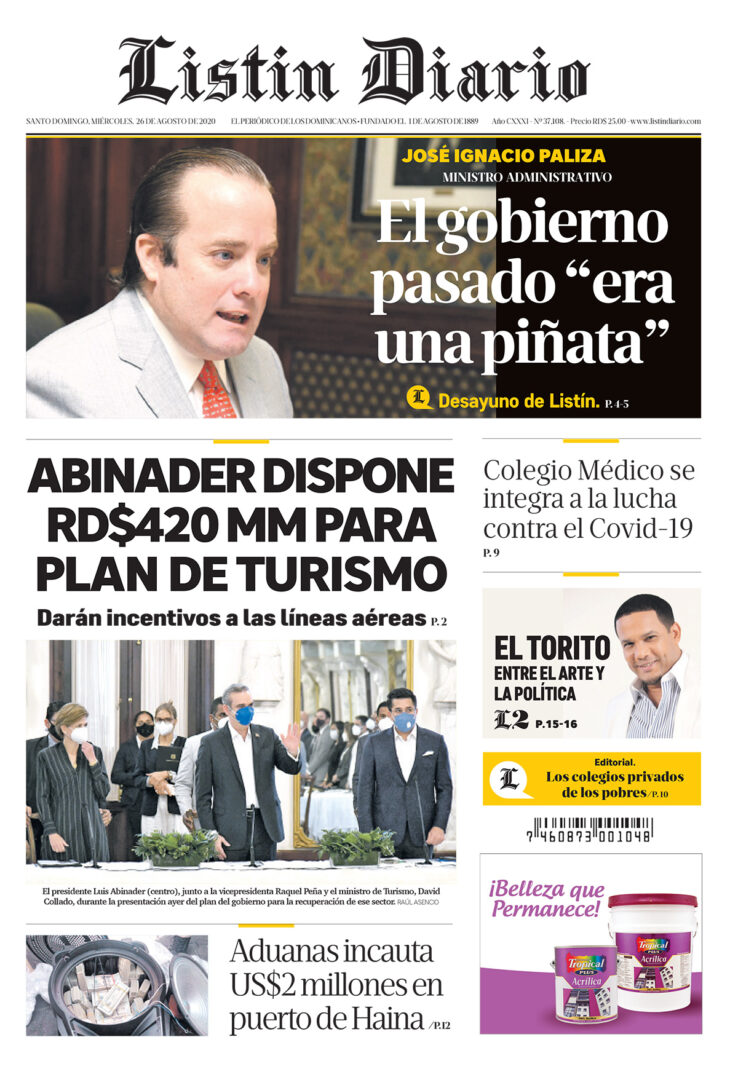 Portada Periódico Listín Diario, Miércoles 26 de Agosto, 2020