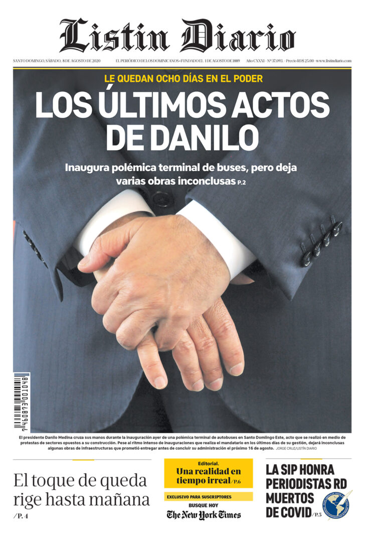 Portada Periódico Listín Diario, Sábado 08 de Agosto, 2020