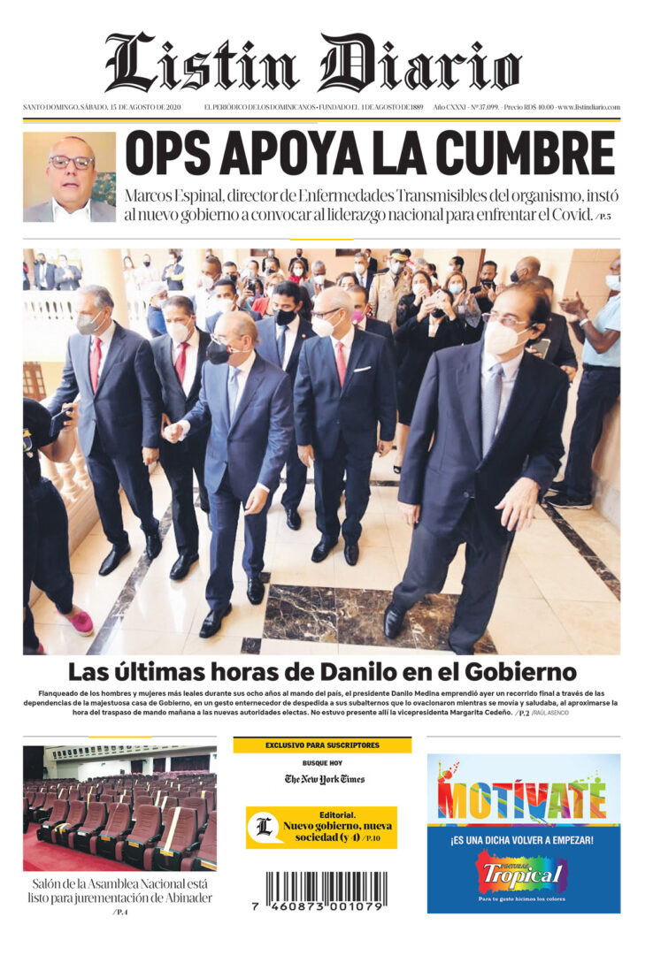 Portada Periódico Listín Diario, Sábado 15 de Agosto, 2020