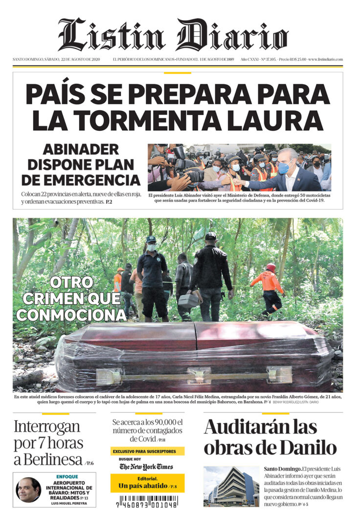 Portada Periódico Listín Diario, Sábado 22 de Agosto, 2020