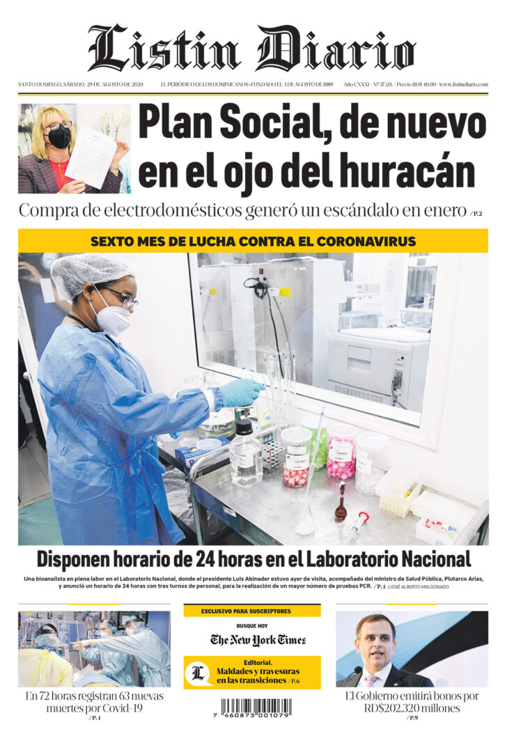 Portada Periódico Listín Diario, Sábado 29 de Agosto, 2020