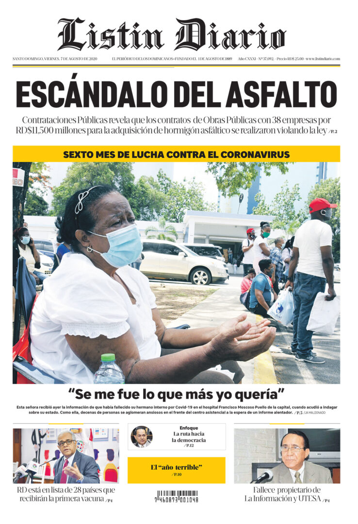 Portada Periódico Listín Diario, Viernes 07 de Agosto, 2020