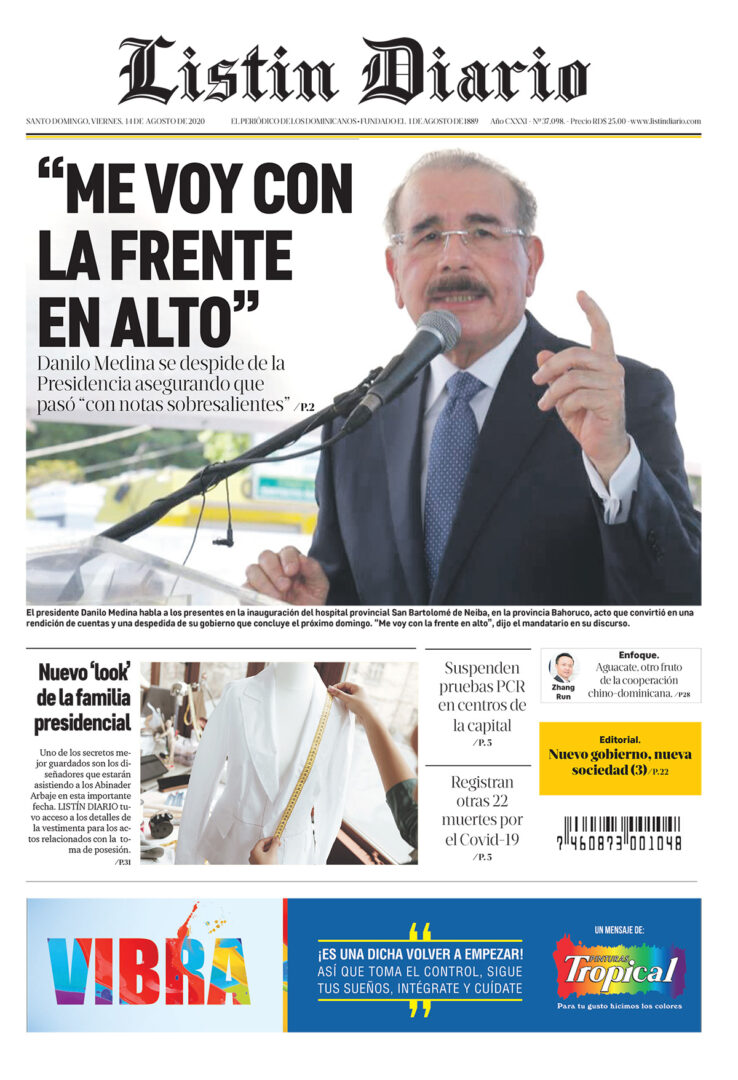 Portada Periódico Listín Diario, Viernes 14 de Agosto, 2020