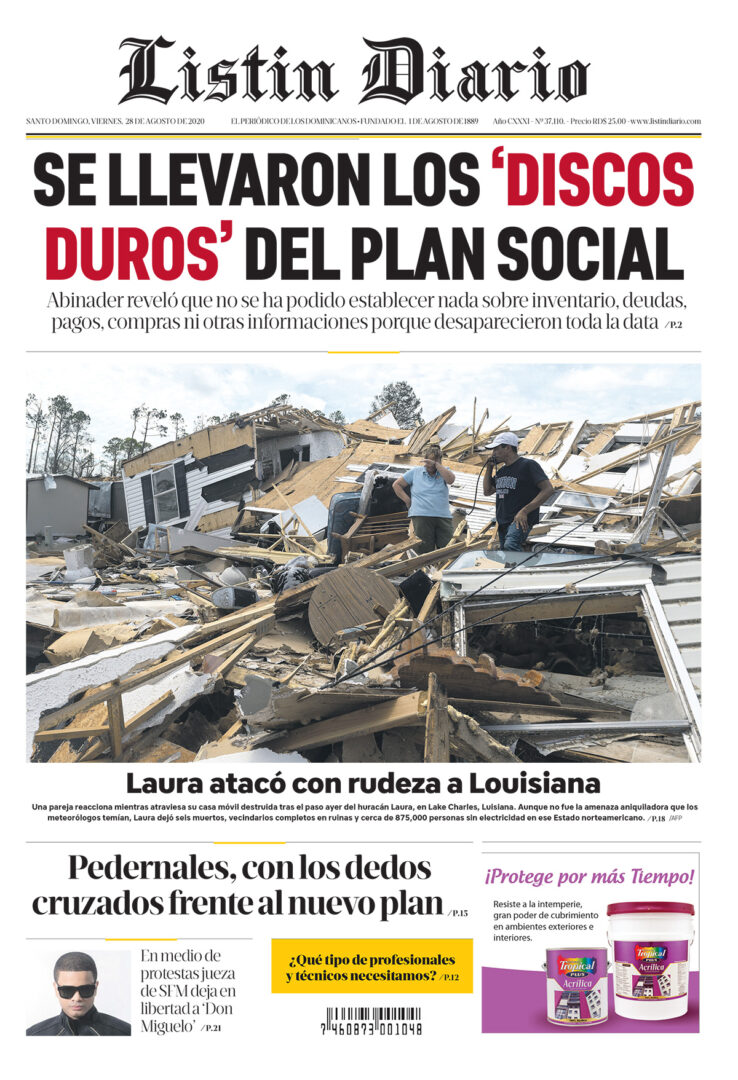 Portada Periódico Listín Diario, Viernes 28 de Agosto, 2020