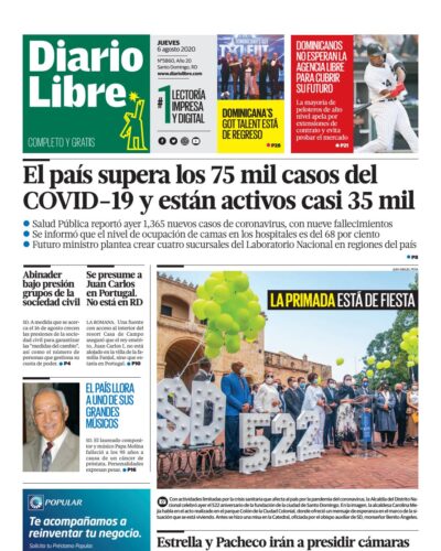 Portada Periódico Diario Libre, Jueves 06 de Agosto, 2020