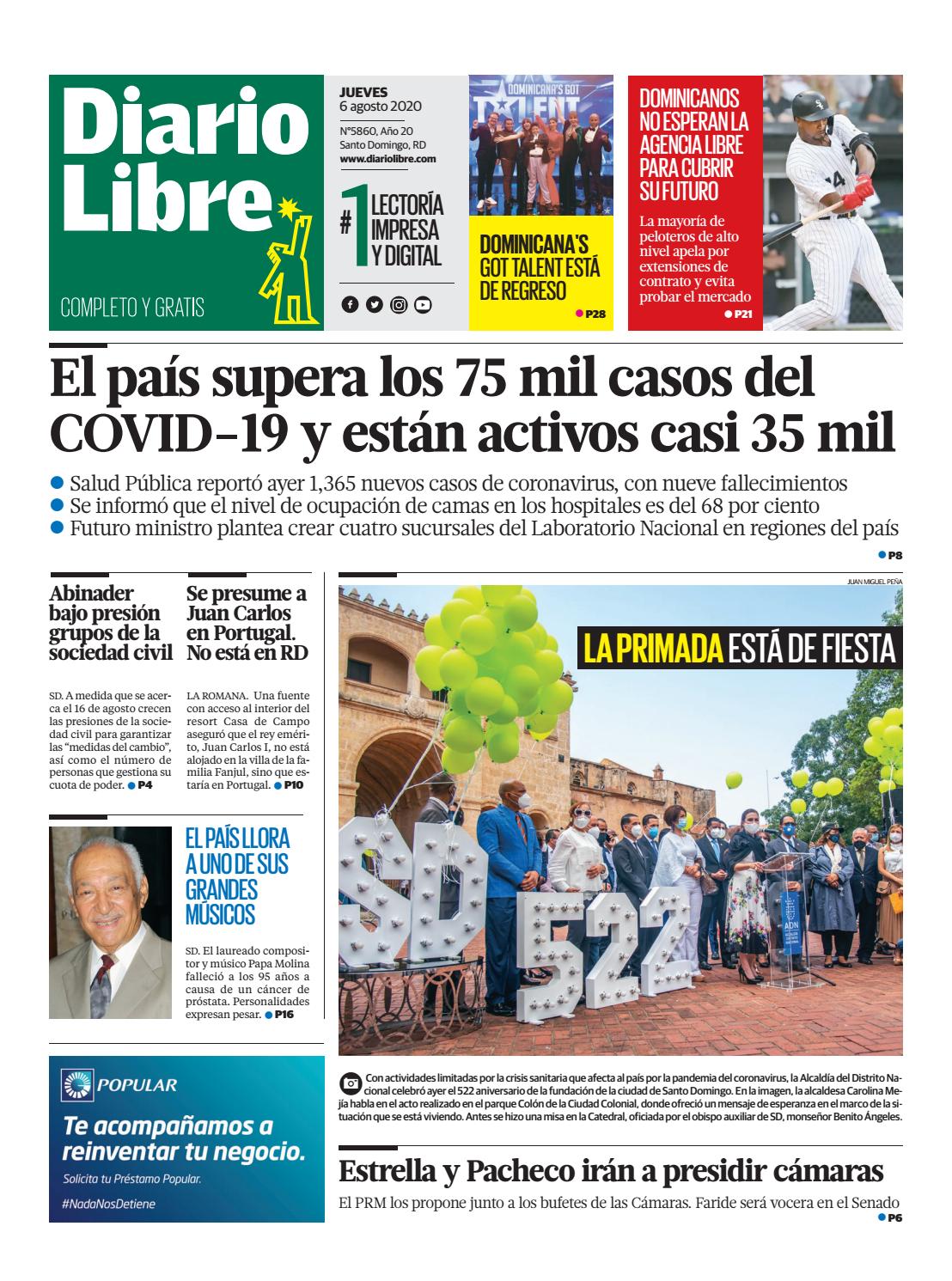 Portada Periódico Diario Libre, Jueves 06 de Agosto, 2020