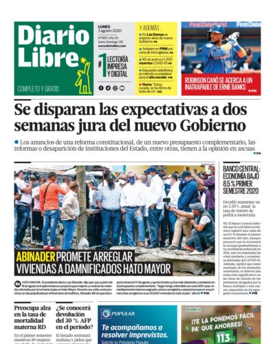 Portada Periódico Diario Libre, Lunes 03 de Agosto, 2020