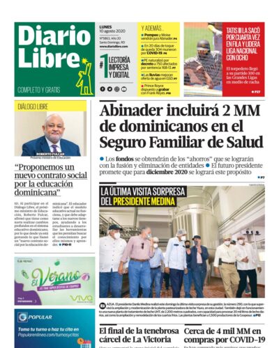 Portada Periódico Diario Libre, Lunes 10 de Agosto, 2020