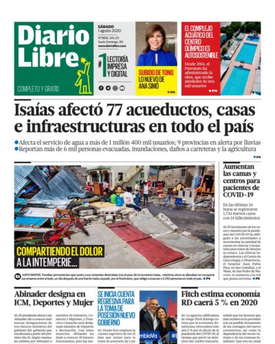 Portada Periódico Diario Libre, Sábado 01 de Agosto, 2020