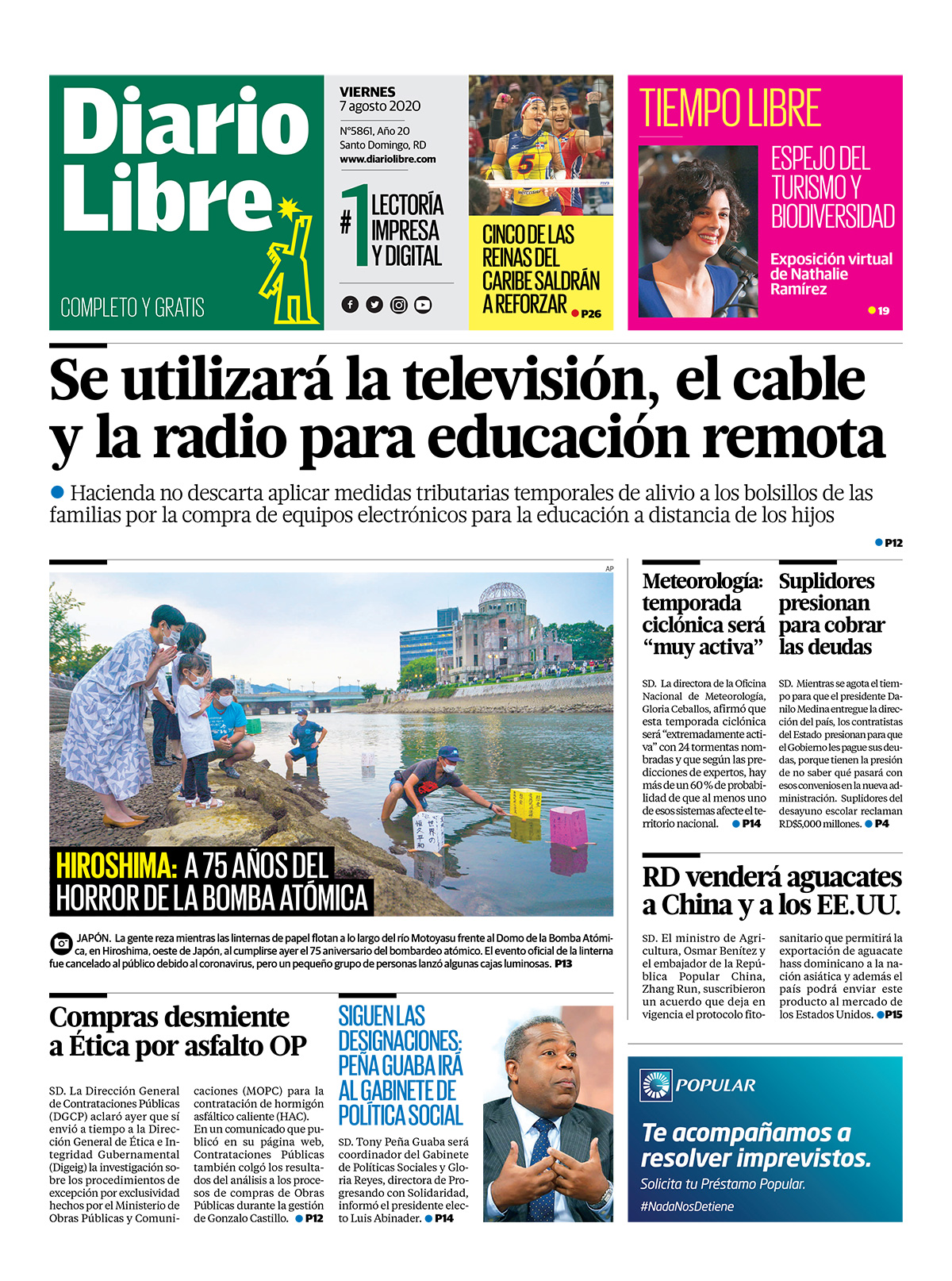 Portada Periódico Diario Libre, Viernes 07 de Agosto, 2020