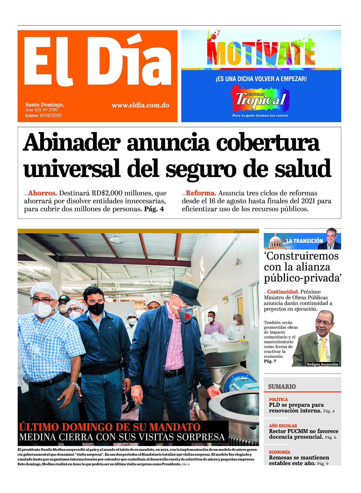 Portada Periódico El Día, Lunes 10 de Agosto, 2020