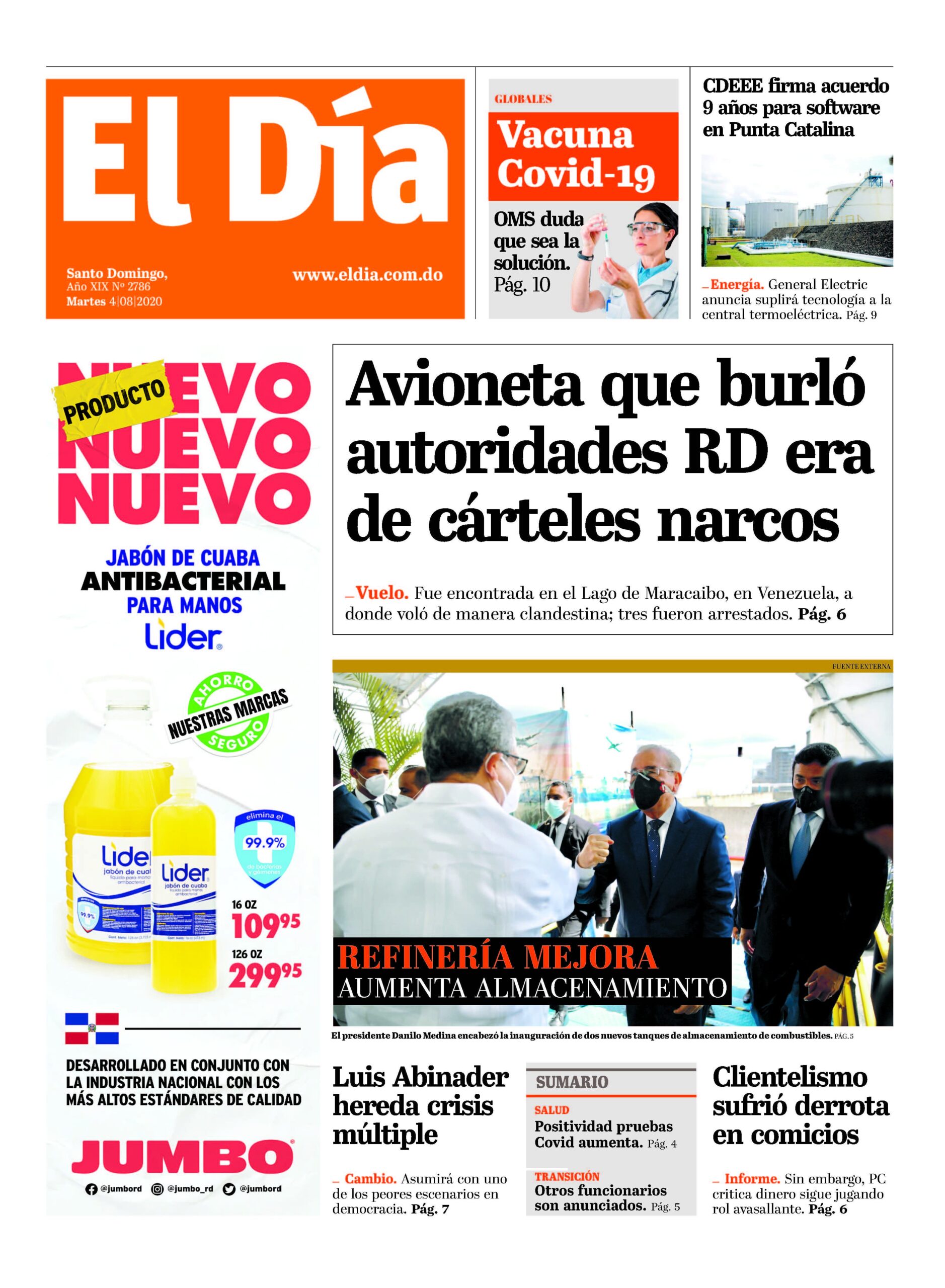 Portada Periódico El Día, Martes 04 de Agosto, 2020