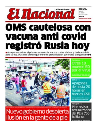 Portada Periódico El Nacional, Martes 11 de Agosto, 2020