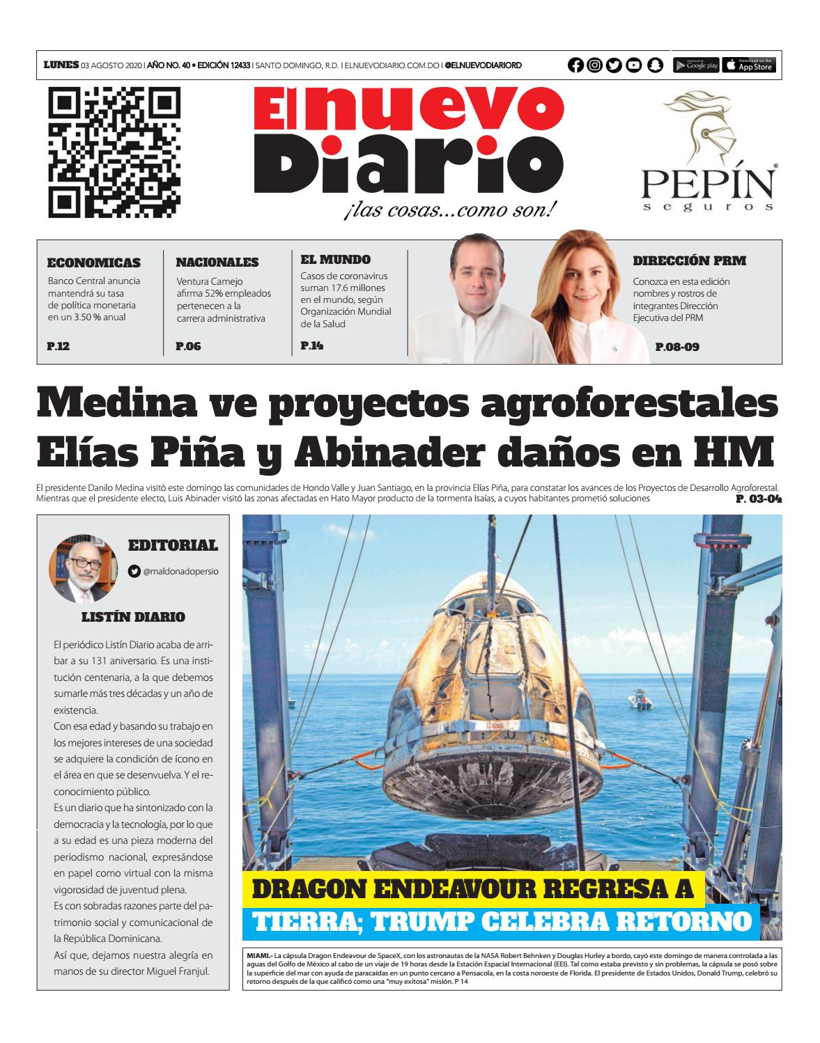 Portada Periódico El Nuevo Diario, Lunes 03 de Agosto, 2020