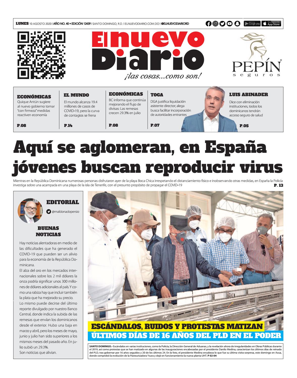 Portada Periódico El Nuevo Diario, Lunes 10 de Agosto, 2020