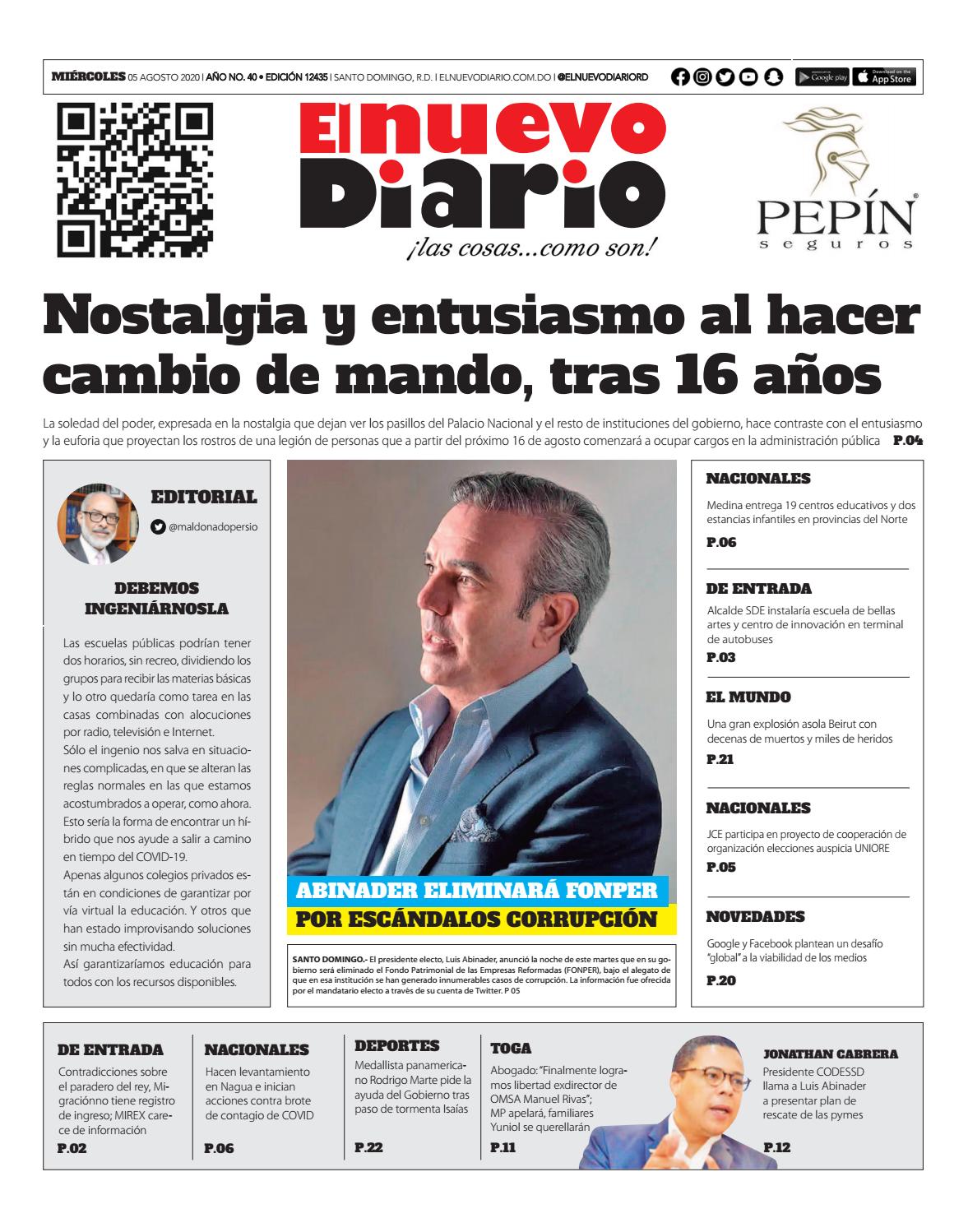 Portada Periódico El Nuevo Diario, Martes 05 de Agosto, 2020