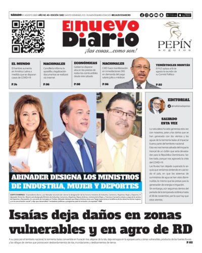 Portada Periódico El Nuevo Diario, Sábado 01 de Agosto, 2020