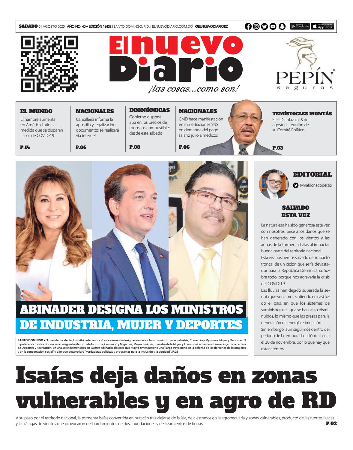 Portada Periódico El Nuevo Diario, Sábado 01 de Agosto, 2020