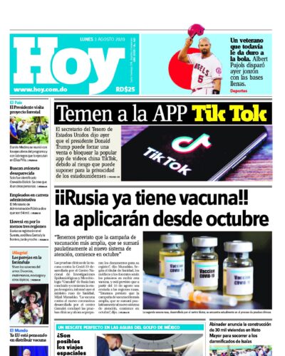 Portada Periódico Hoy, Lunes 03 de Agosto, 2020