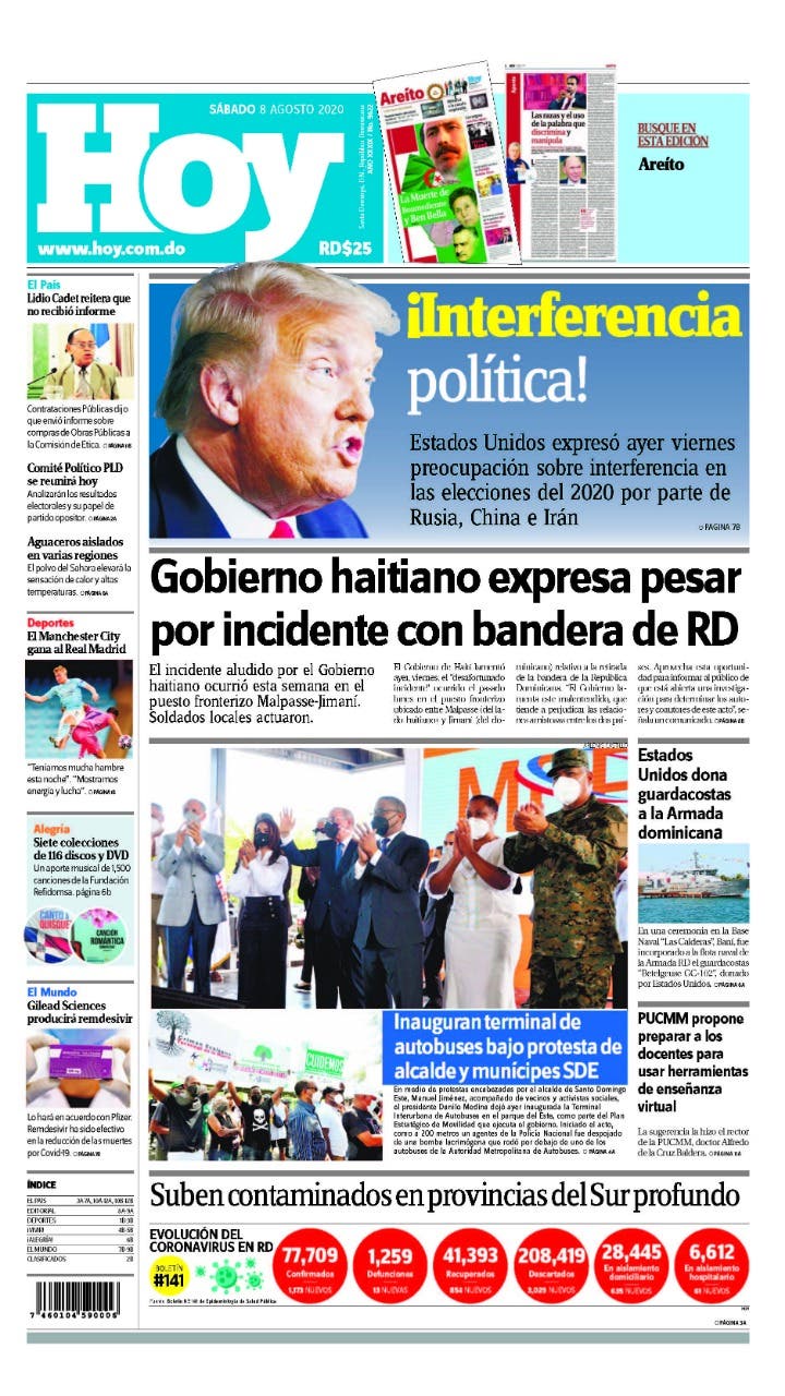 Portada Periódico Hoy, Lunes 10 de Agosto, 2020