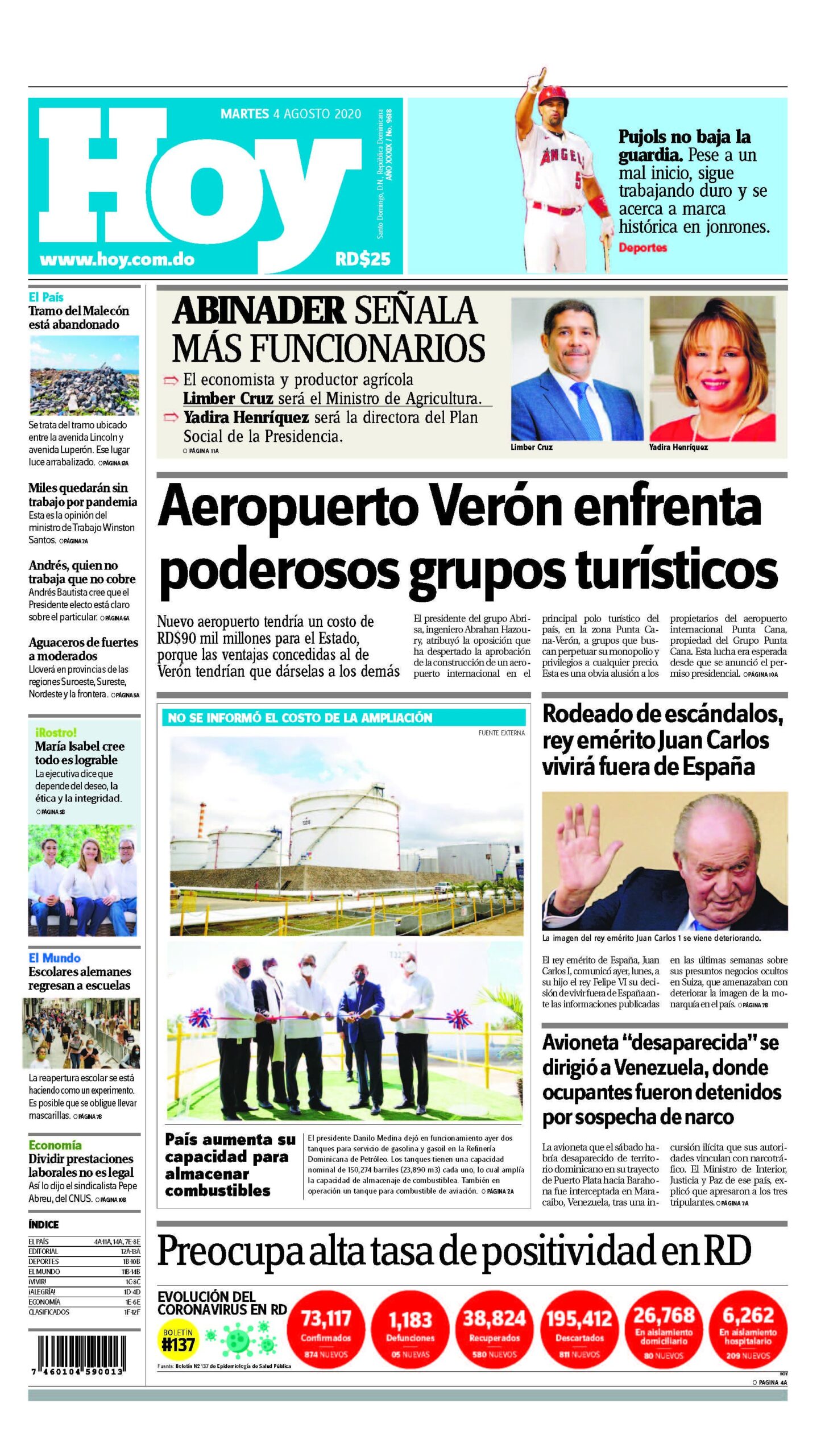 Portada Periódico Hoy, Martes 04 de Agosto, 2020