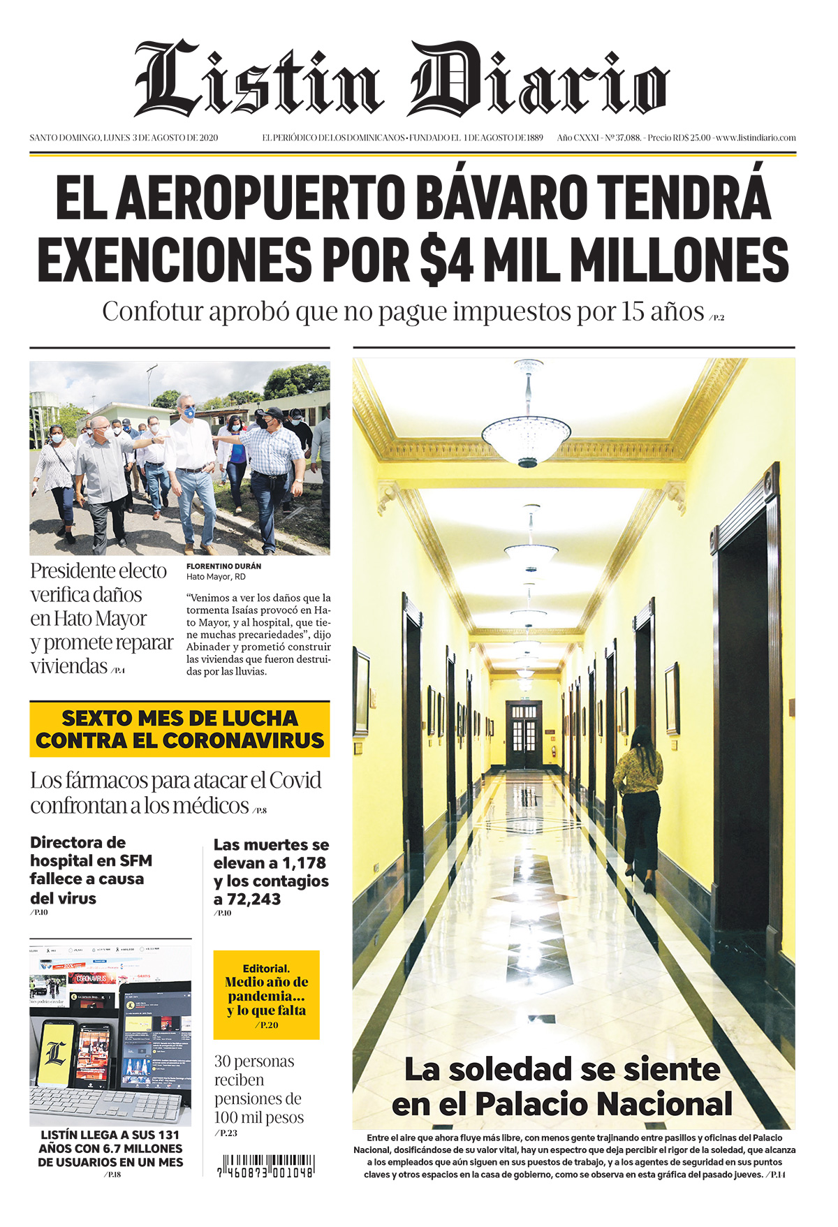 Portada Periódico Listín Diario, Lunes 03 de Agosto, 2020