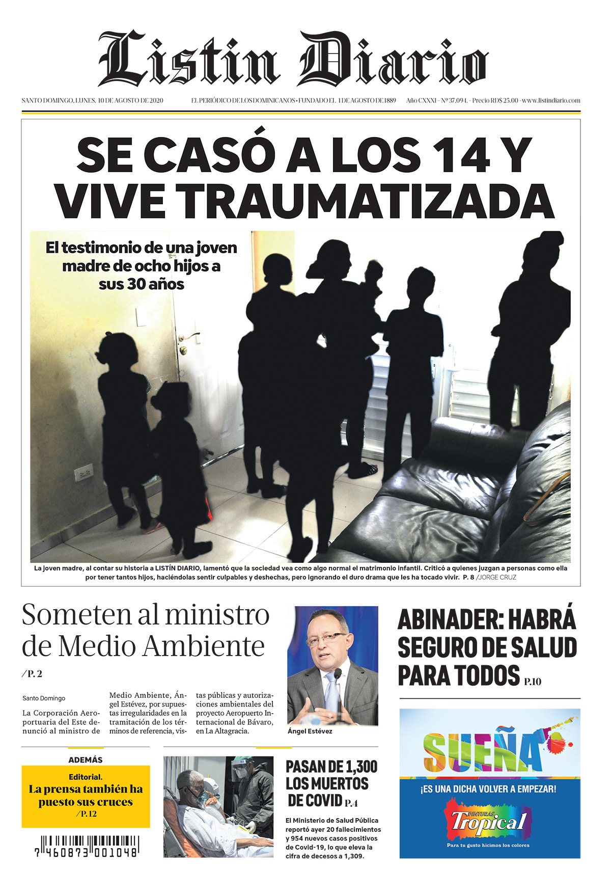 Portada Periódico Listín Diario, Lunes 10 de Agosto, 2020