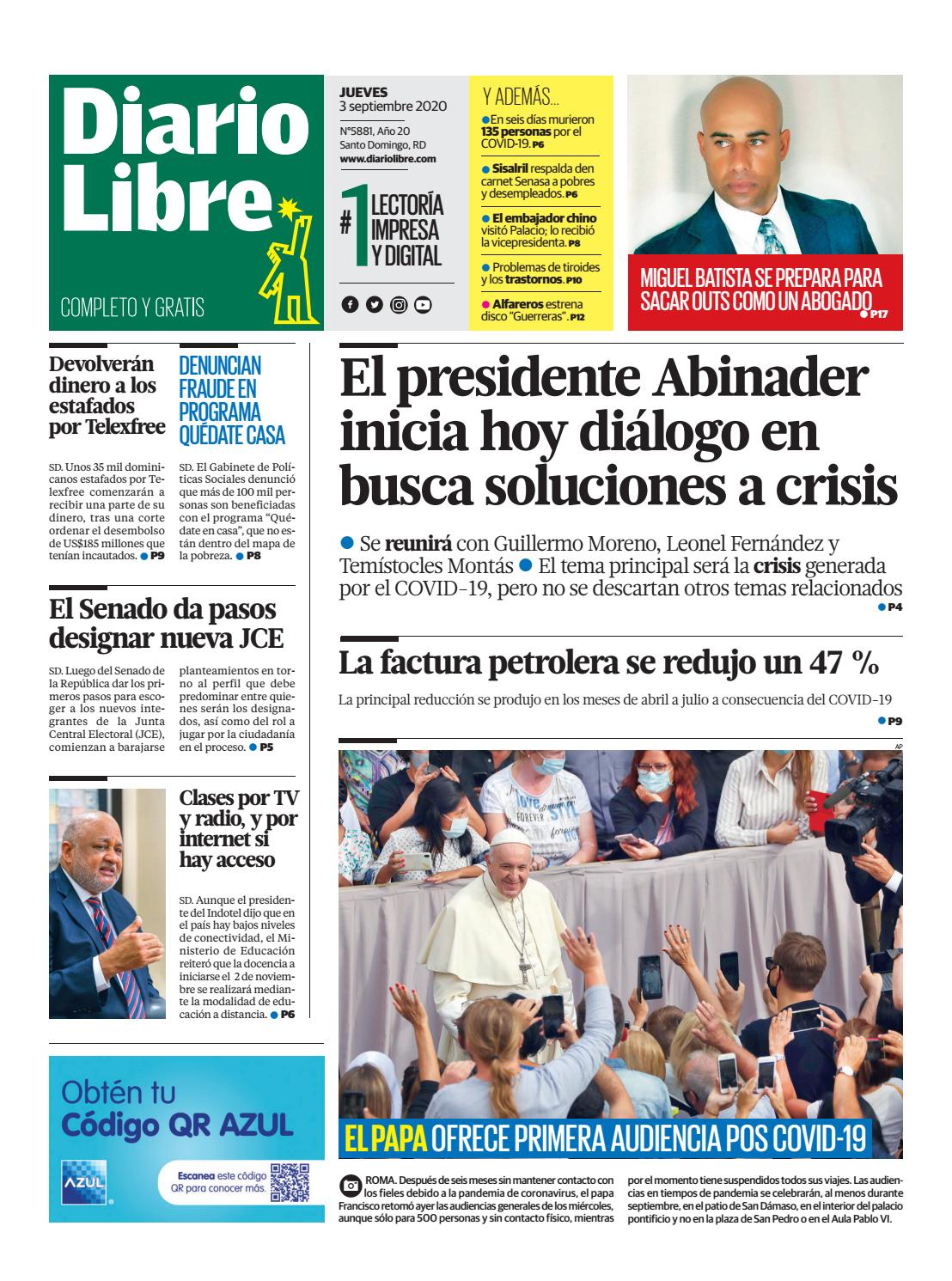 Portada Periódico Diario Libre, Jueves 03 de Septiembre, 2020