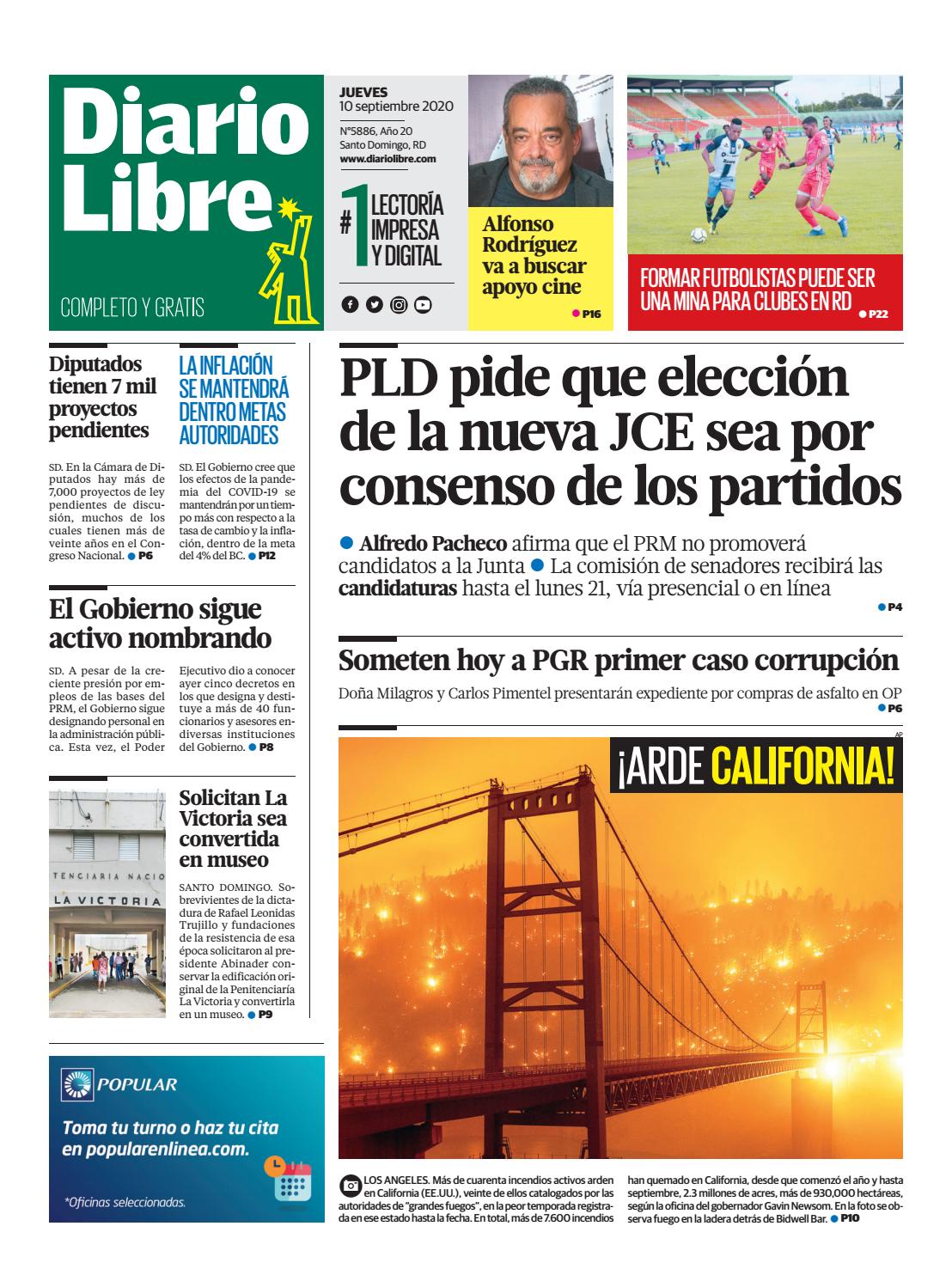 Portada Periódico Diario Libre, Jueves 10 de Septiembre, 2020