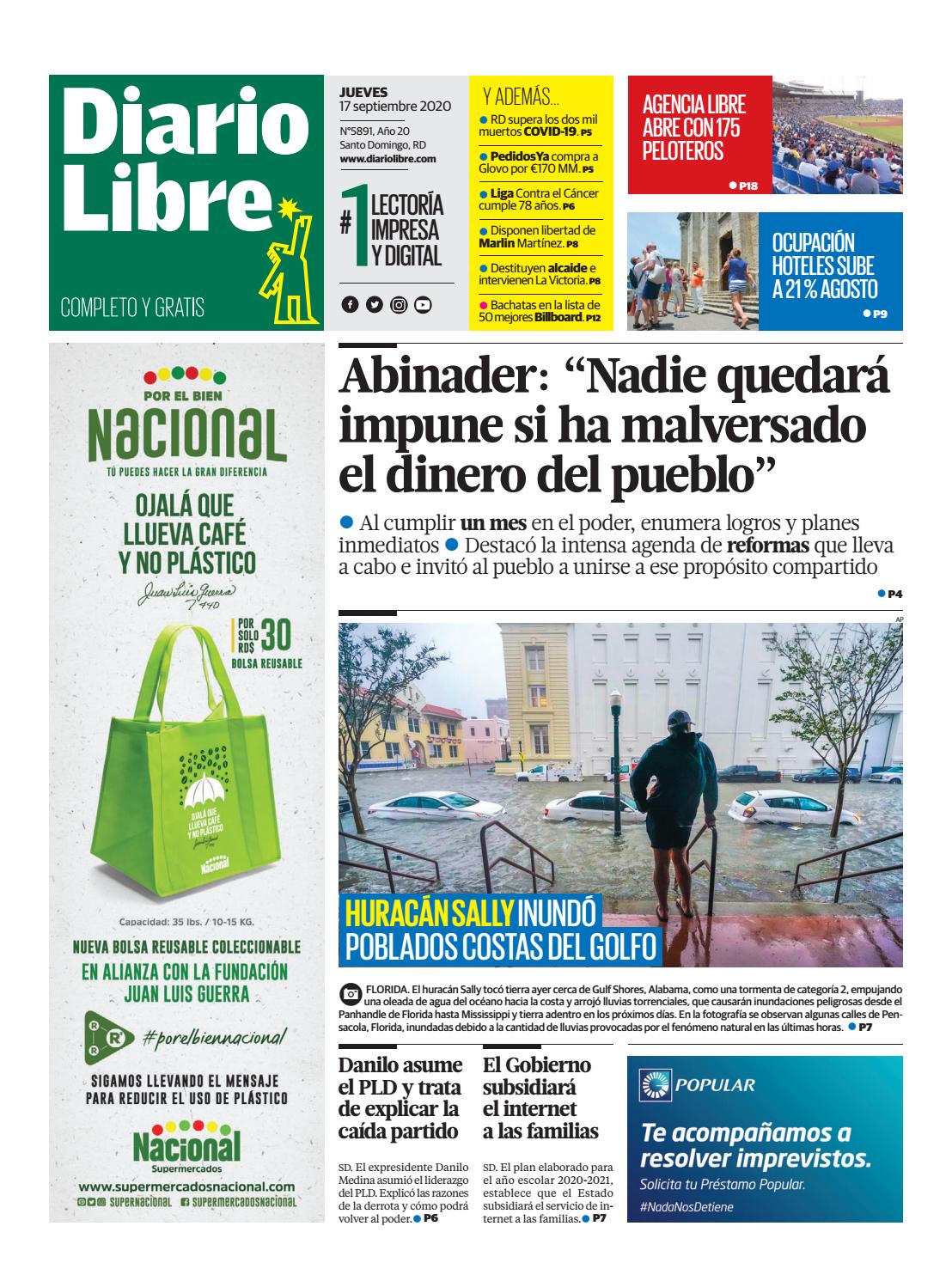 Portada Periódico Diario Libre, Jueves 17 de Septiembre, 2020