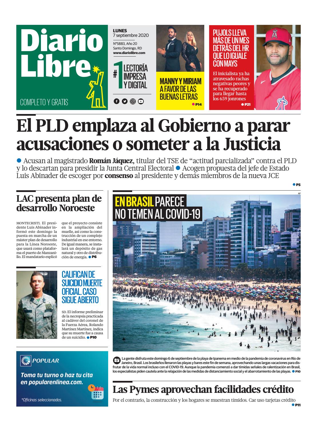 Portada Periódico Diario Libre, Lunes 07 de Septiembre, 2020