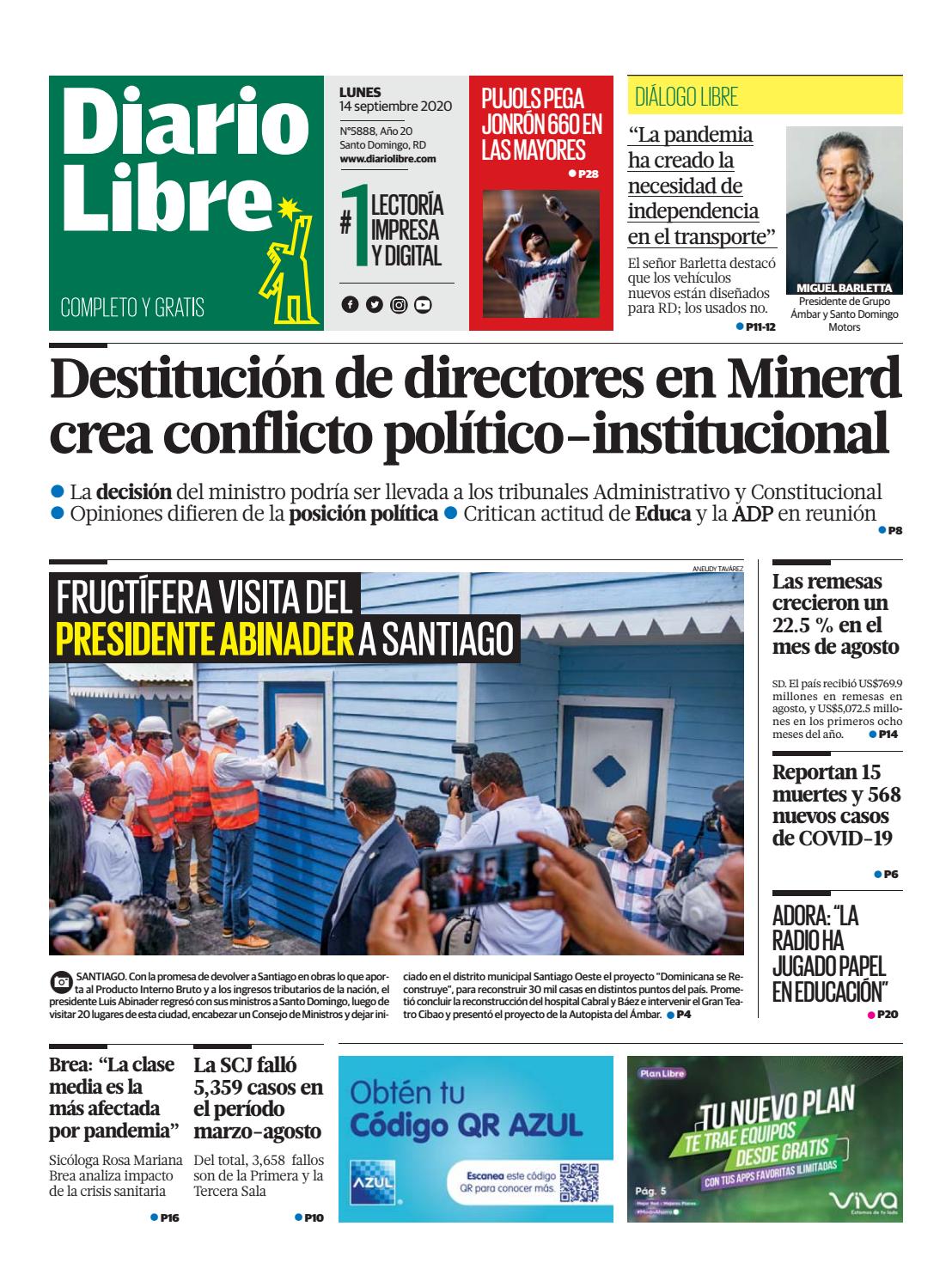 Portada Periódico Diario Libre, Lunes 14 de Septiembre, 2020