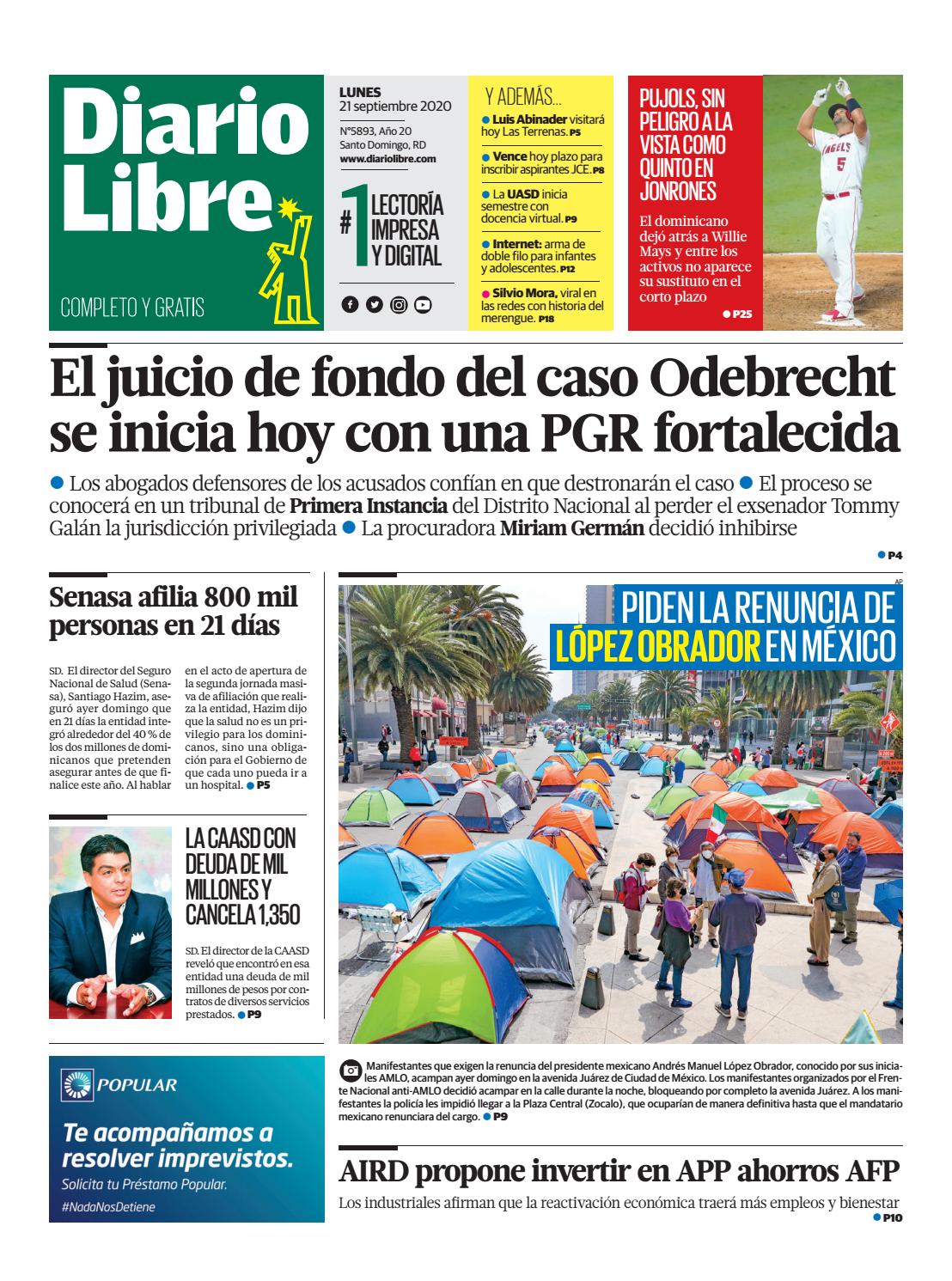 Portada Periódico Diario Libre, Lunes 21 de Septiembre, 2020