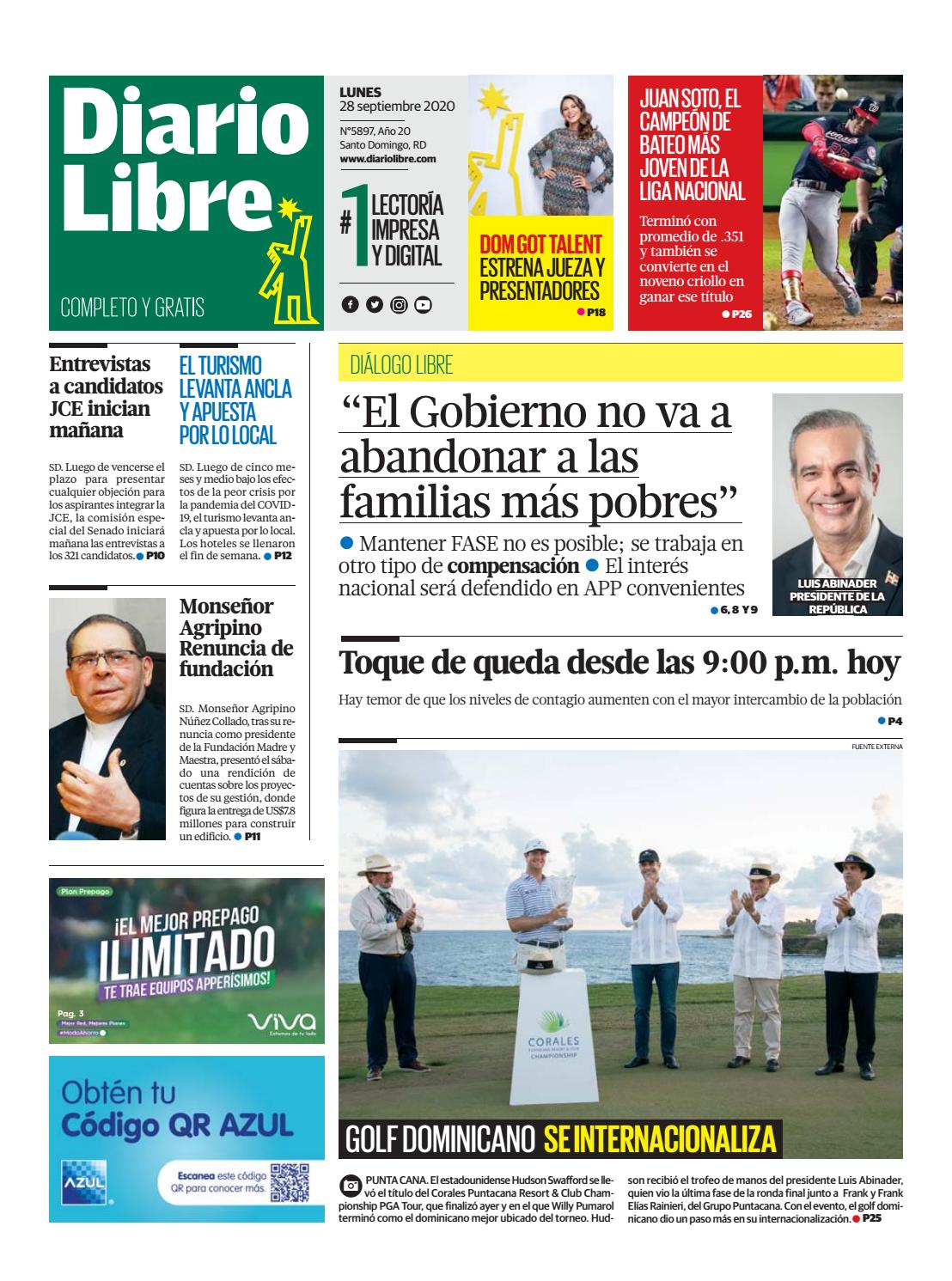 Portada Periódico Diario Libre, Lunes 28 de Septiembre, 2020