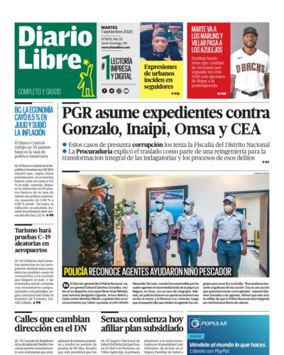 Portada Periódico Diario Libre, Martes 01 de Septiembre, 2020